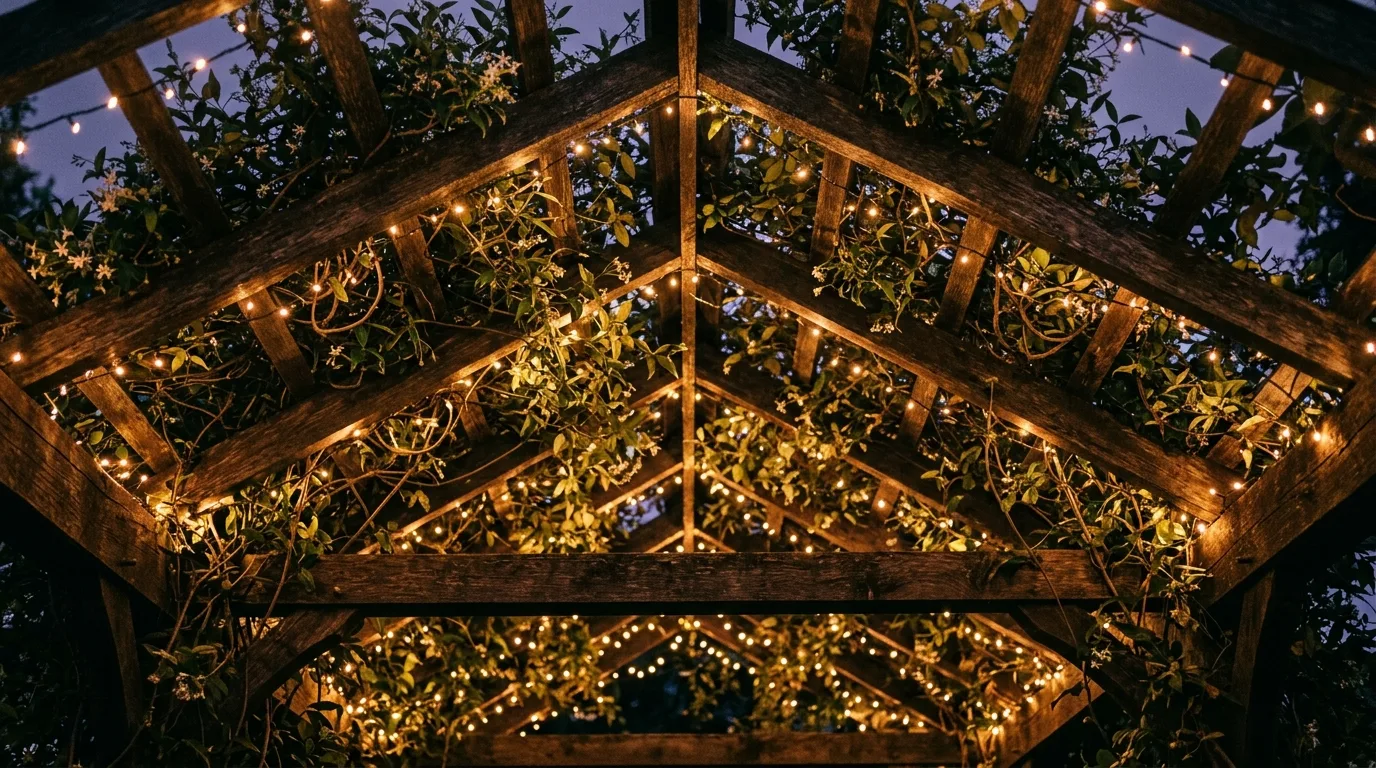 Choose wood for a warmer natural look inspiration for a backyard pergola space.